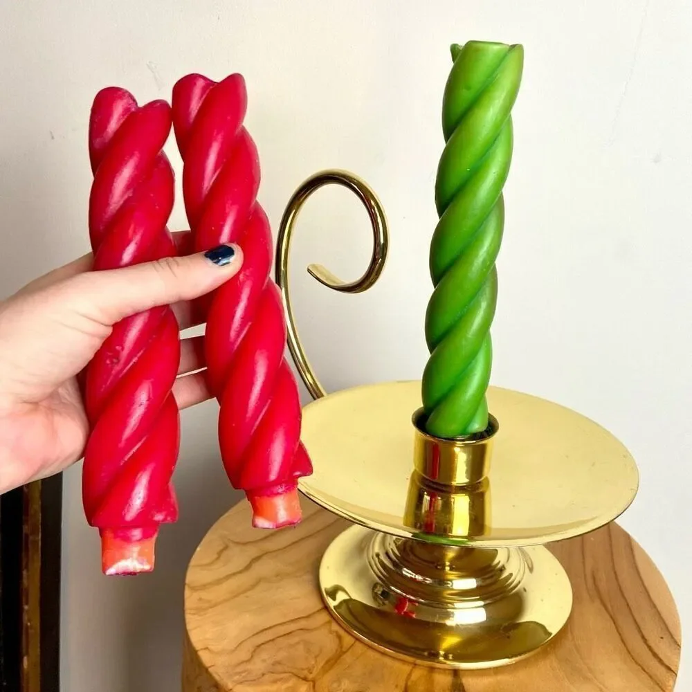 VTG Baldwin Solid Brass Chamber Candleholder + Vintage Twisted Red Candles